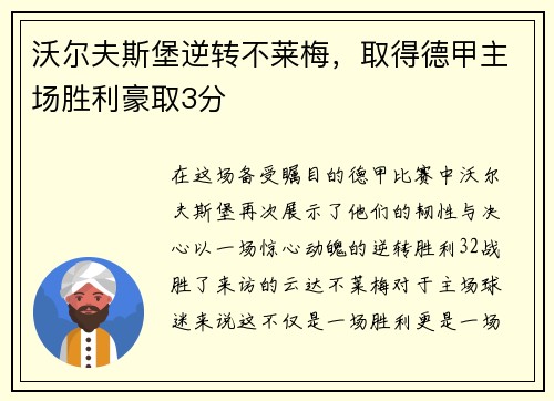 沃尔夫斯堡逆转不莱梅，取得德甲主场胜利豪取3分